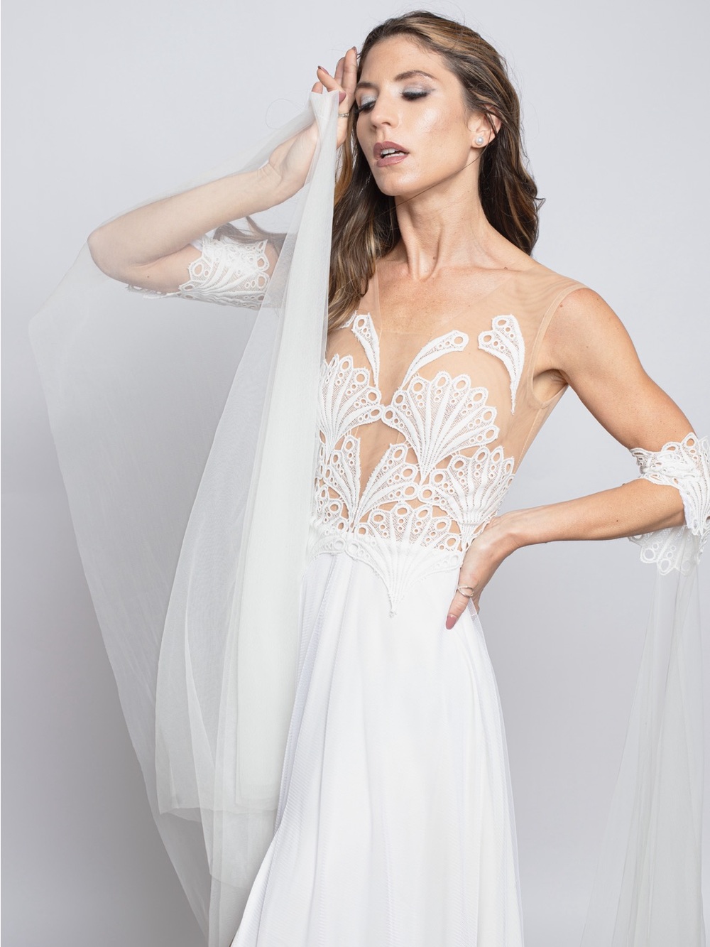 Elegant White Wedding Gown with Plunge Neckline and Slit small